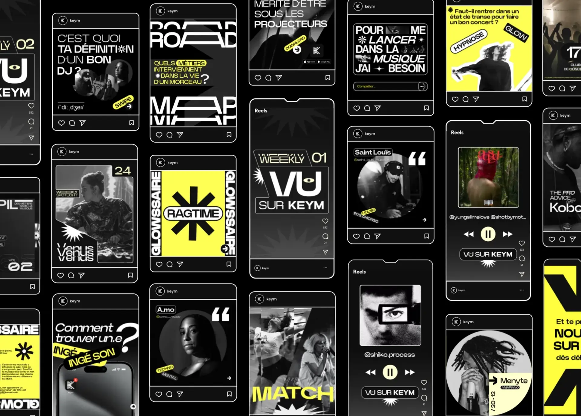 Aperçu du feed Instagram conçu pour KEYM — direction artistique signée Ango, axée musique urbaine, typographies impactantes et branding social.