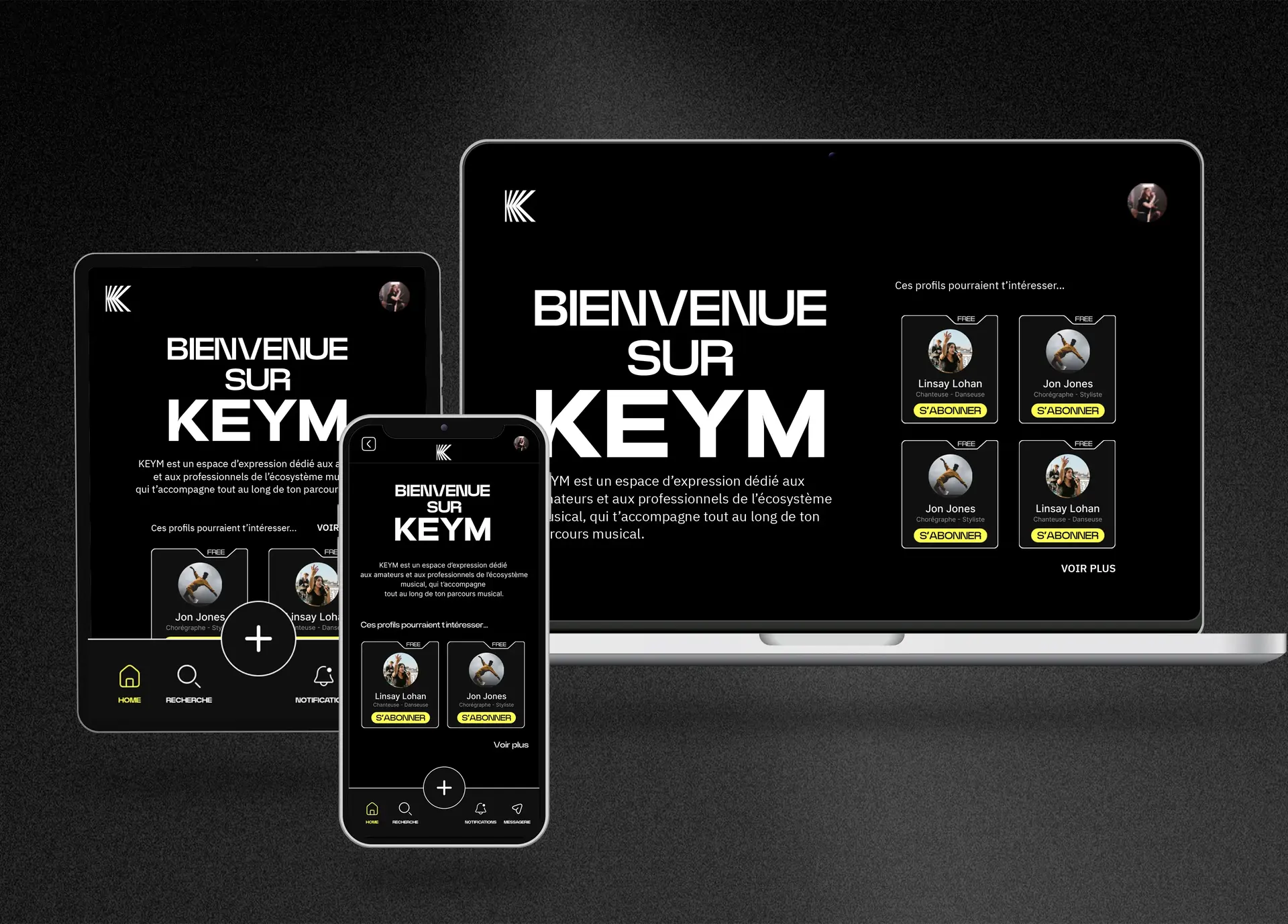 Aperçu responsive de l’interface de KEYM sur mobile, tablette et ordinateur — design et développement réalisés par l’agence Ango.